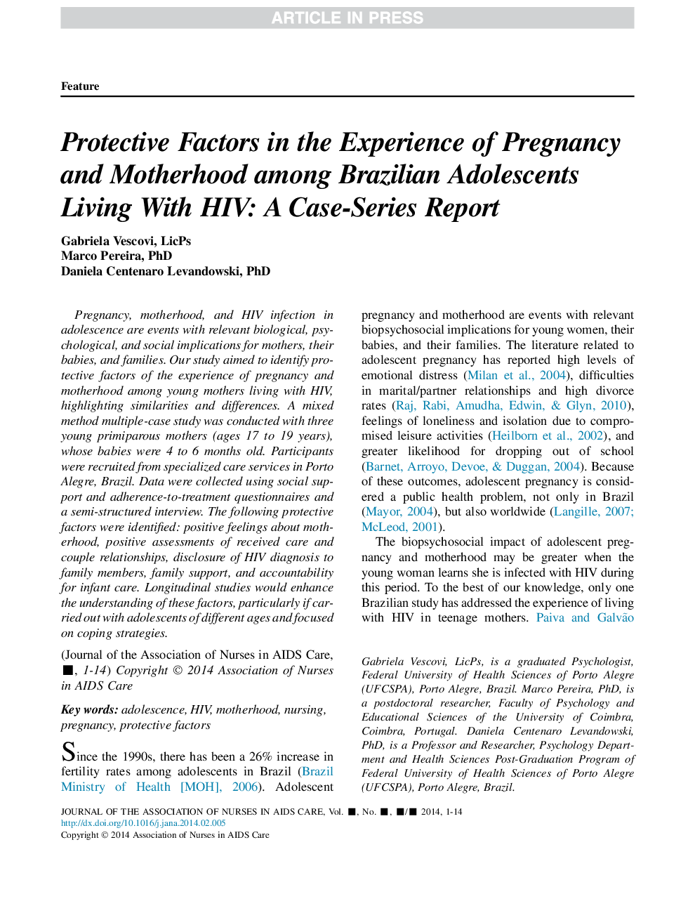 Protective Factors in the Experience of Pregnancy and Motherhood Among Brazilian Adolescents Living With HIV: A Case-Series Report