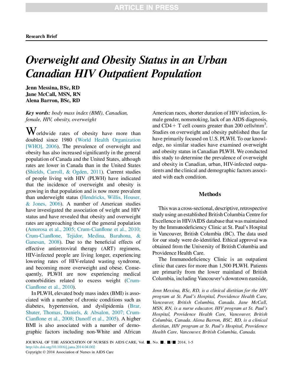 Overweight and Obesity Status in an Urban Canadian HIV Outpatient Population