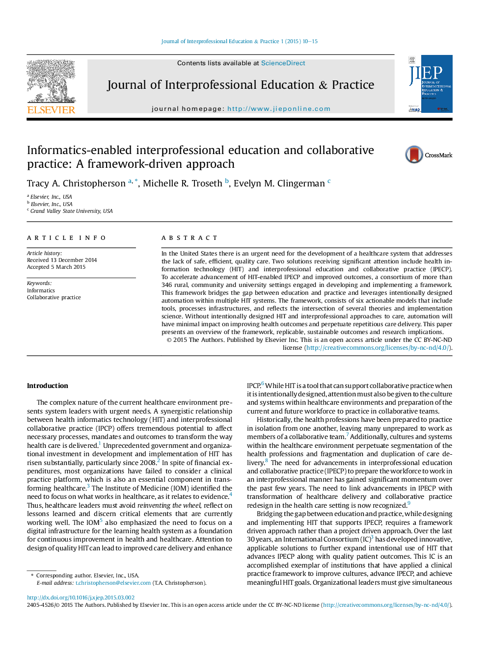 Informatics-enabled interprofessional education and collaborative practice: A framework-driven approach