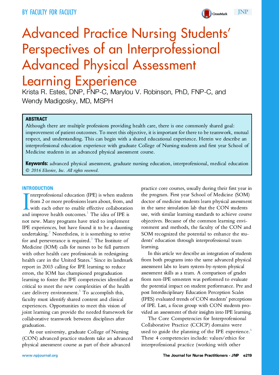 Advanced Practice Nursing Students' Perspectives of an Interprofessional Advanced Physical Assessment Learning Experience