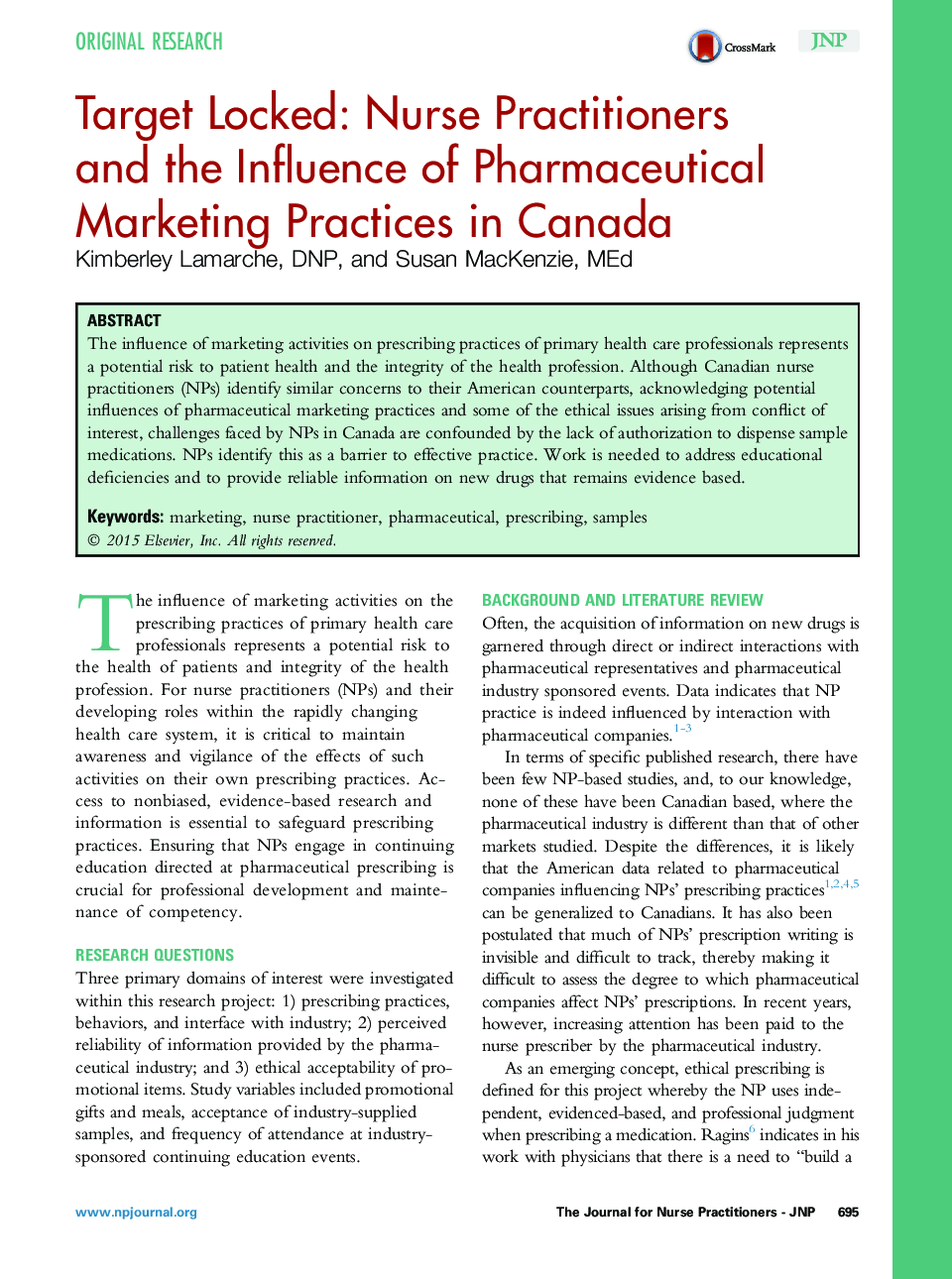 Original ResearchTarget Locked: Nurse Practitioners andÂ the Influence of Pharmaceutical Marketing Practices in Canada