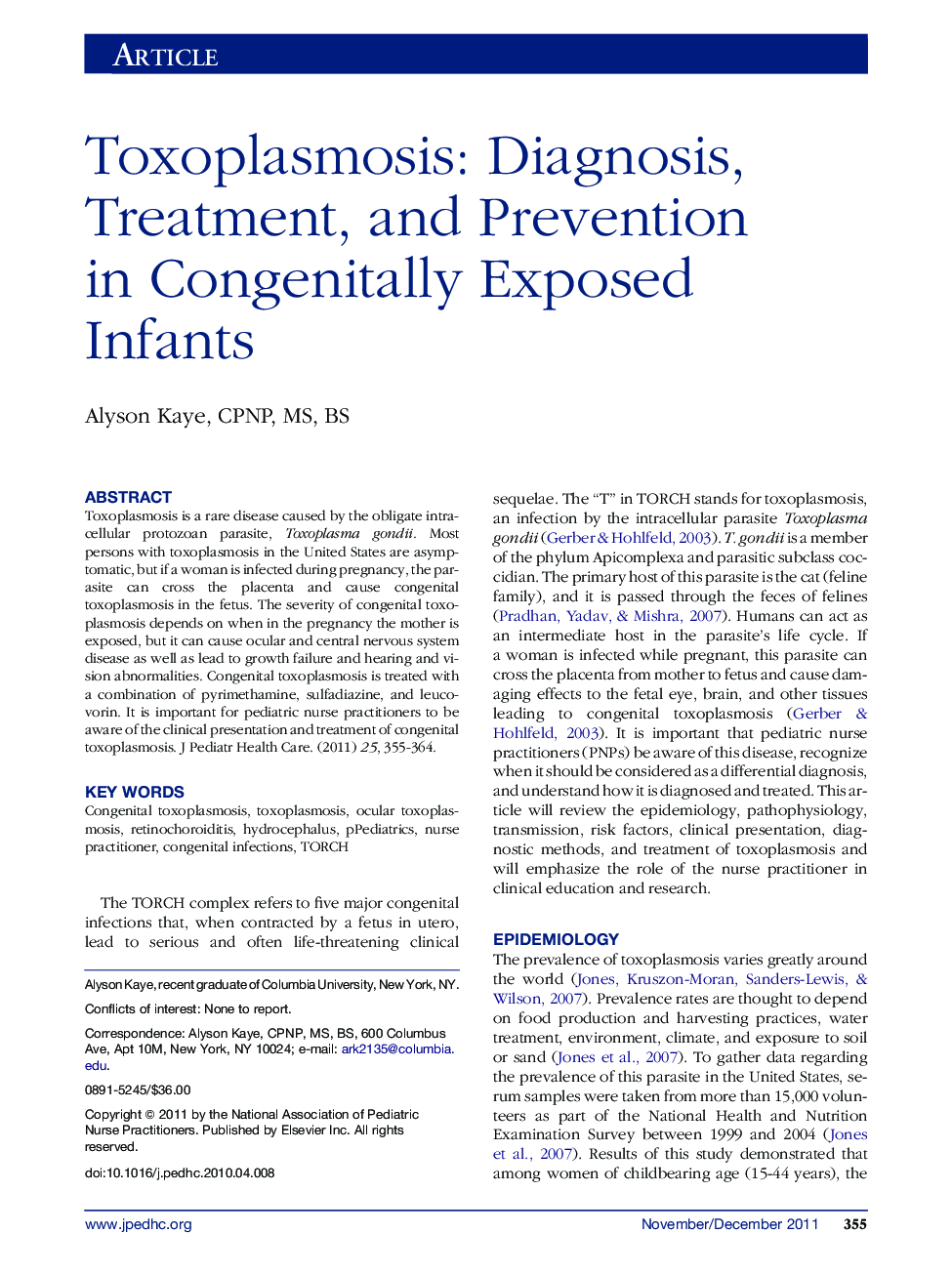 ArticleToxoplasmosis: Diagnosis, Treatment, and Prevention in Congenitally Exposed Infants