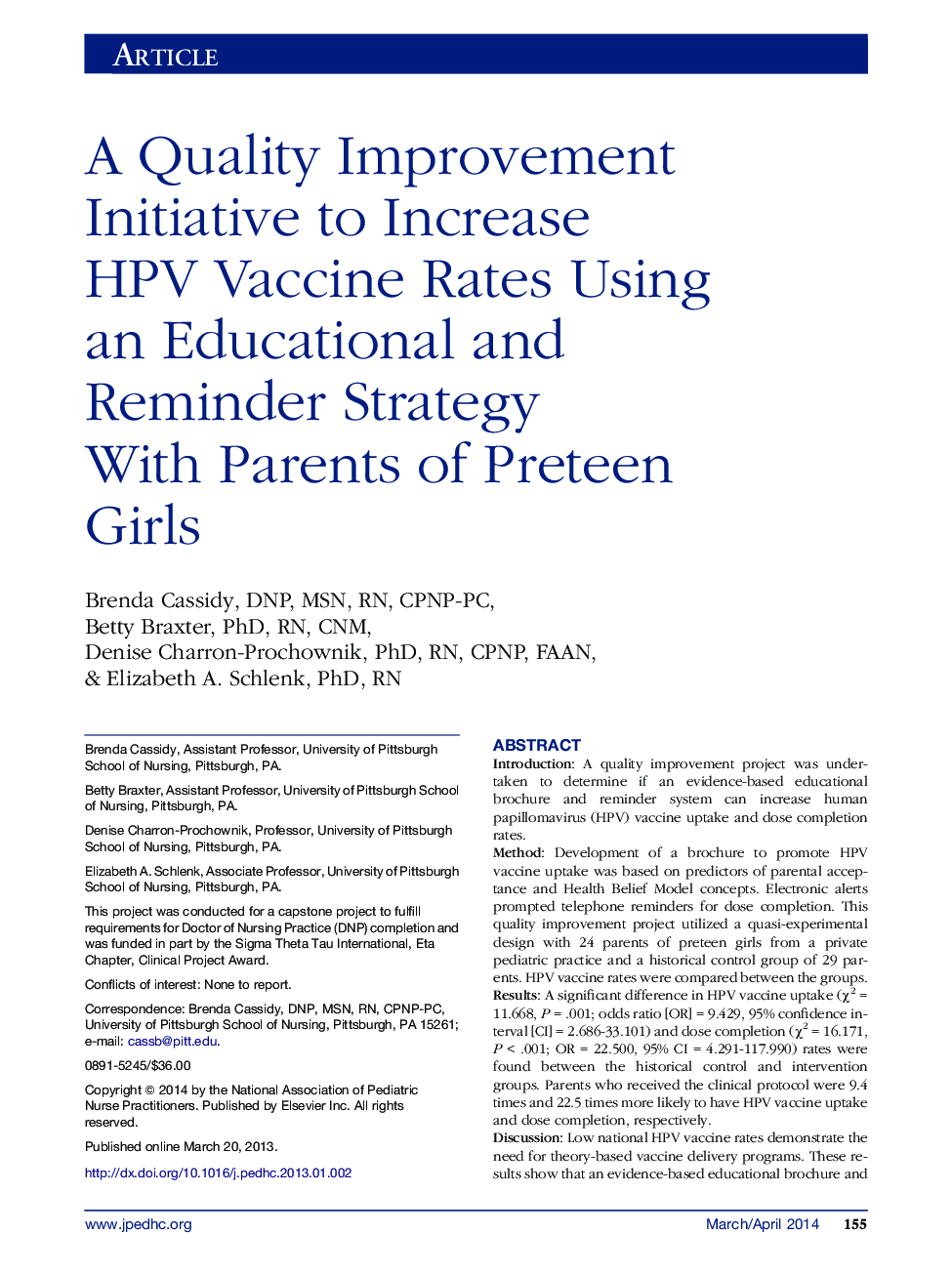 A Quality Improvement Initiative to Increase HPV Vaccine Rates Using an Educational and Reminder Strategy With Parents of Preteen Girls