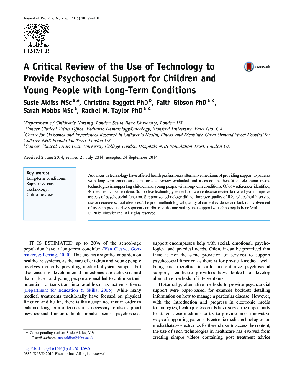 A Critical Review of the Use of Technology to Provide Psychosocial Support for Children and Young People with Long-Term Conditions