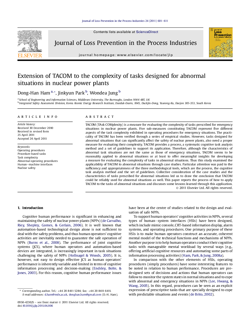 Extension of TACOM to the complexity of tasks designed for abnormal situations in nuclear power plants