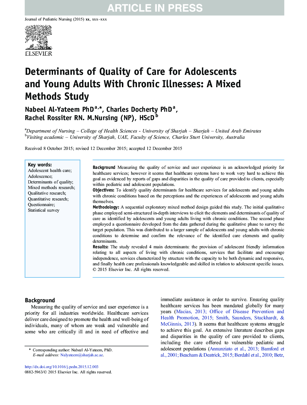 عوامل تعیین کننده کیفیت مراقبت از نوجوانان و بزرگسالان جوان مبتلا به بیماری های مزمن: مطالعه روش های ترکیبی 