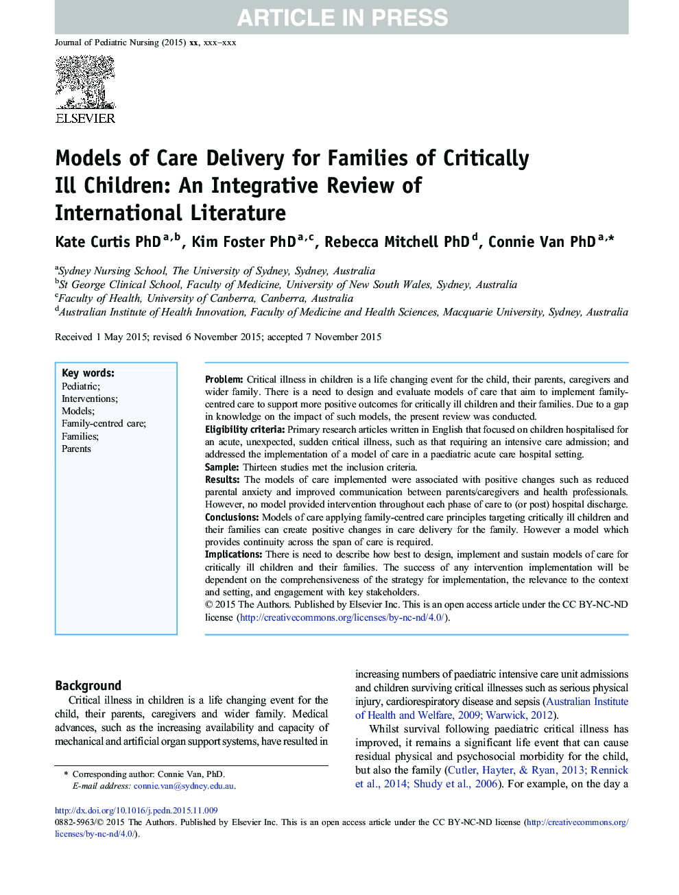 Models of Care Delivery for Families of Critically Ill Children: An Integrative Review of International Literature