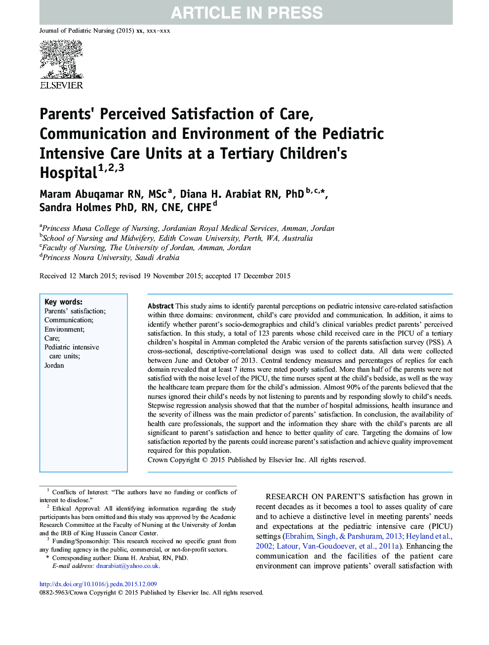 Parents' Perceived Satisfaction of Care, Communication and Environment of the Pediatric Intensive Care Units at a Tertiary Children's Hospital