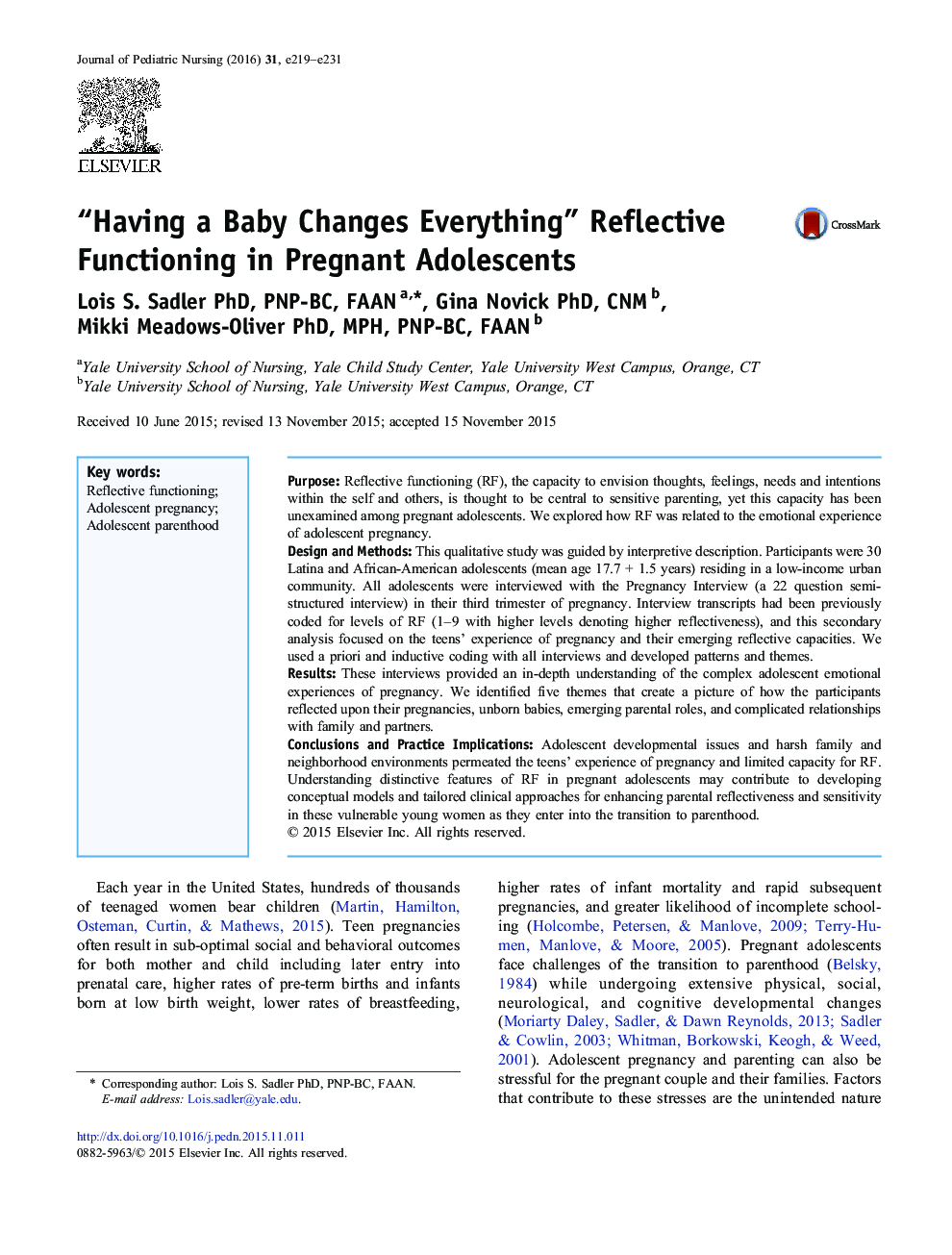 “Having a Baby Changes Everything” Reflective Functioning in Pregnant Adolescents
