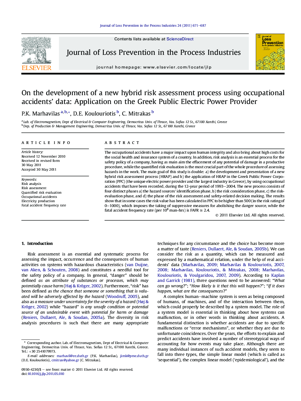 On the development of a new hybrid risk assessment process using occupational accidents’ data: Application on the Greek Public Electric Power Provider