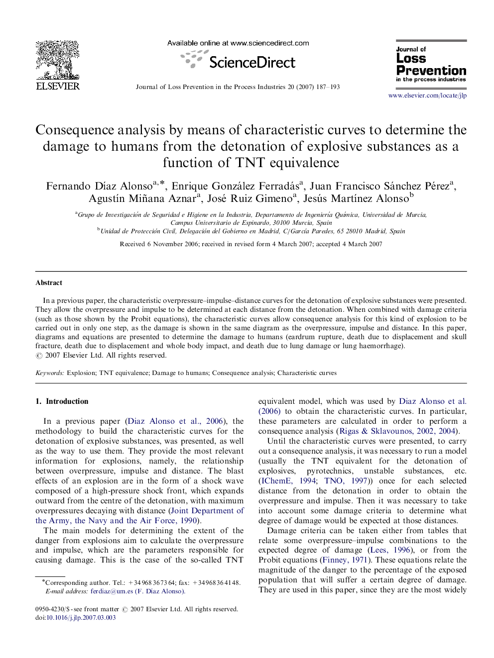 Consequence analysis by means of characteristic curves to determine the damage to humans from the detonation of explosive substances as a function of TNT equivalence