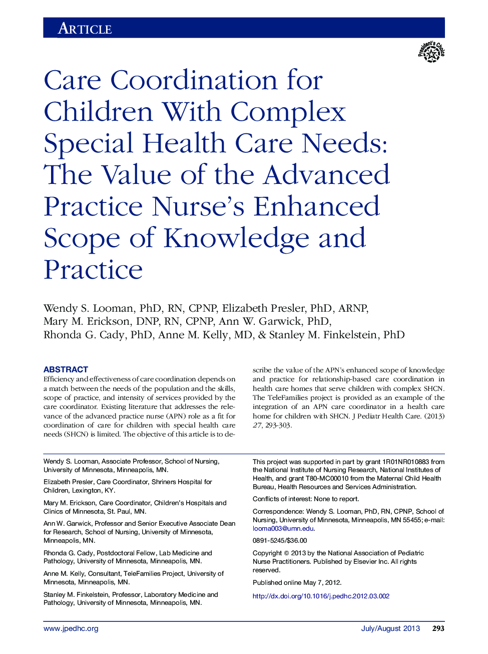 هماهنگی مراقبت برای کودکان با نیازهای پیچیده مراقبت های بهداشتی: ارزش تمرین پیشرفته محدوده پیشرفته دانش و تمرین پرستار 