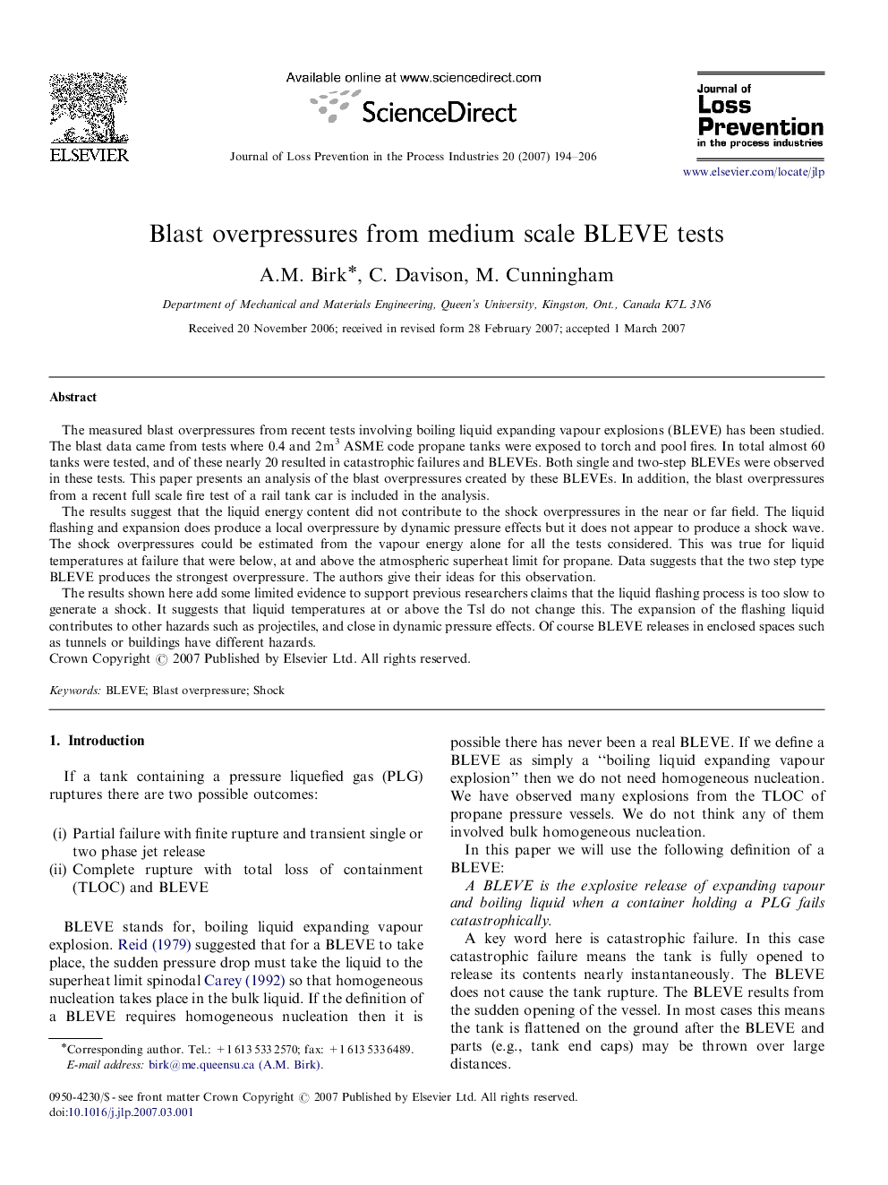 Blast overpressures from medium scale BLEVE tests