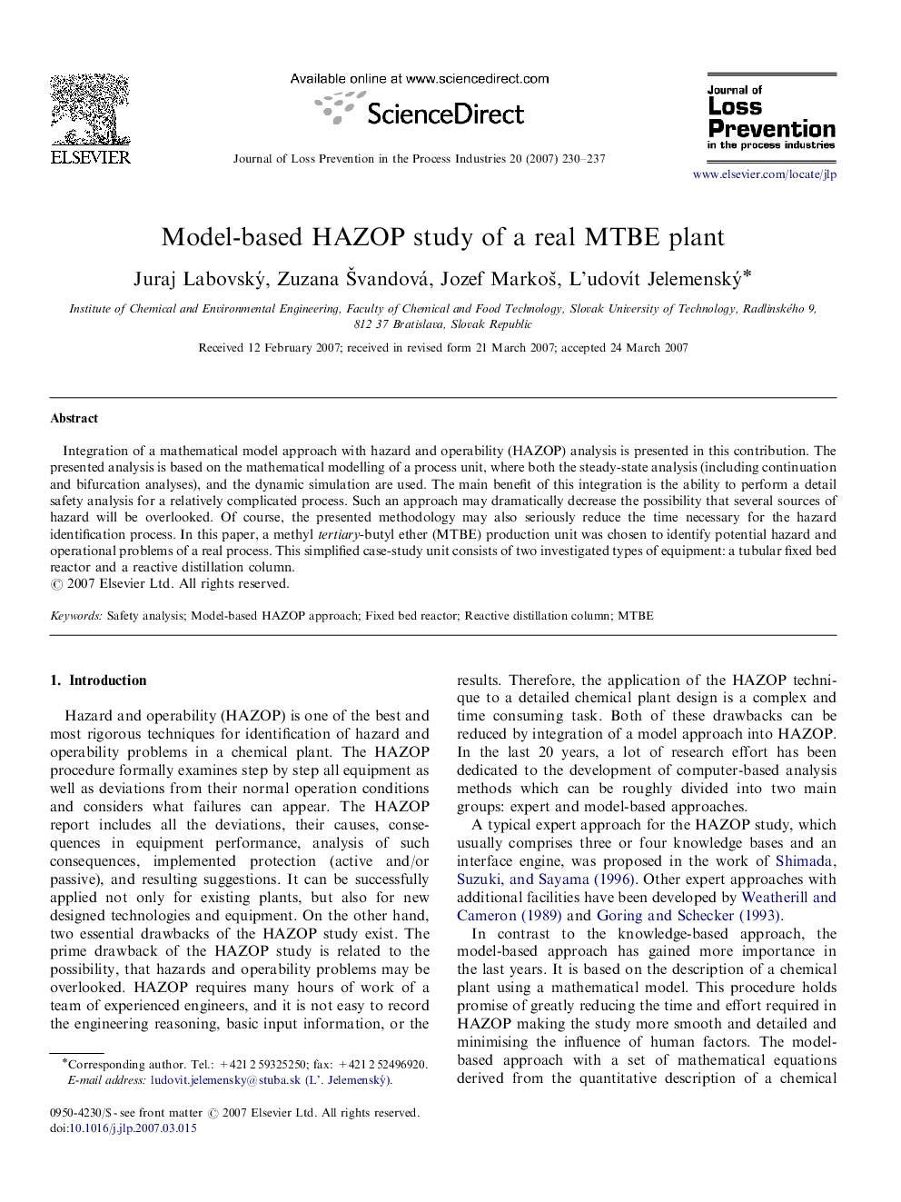 عکس صفحه اول مقاله: Model-based HAZOP study of a real MTBE plant Model-based HAZOP study of a real MTBE plant