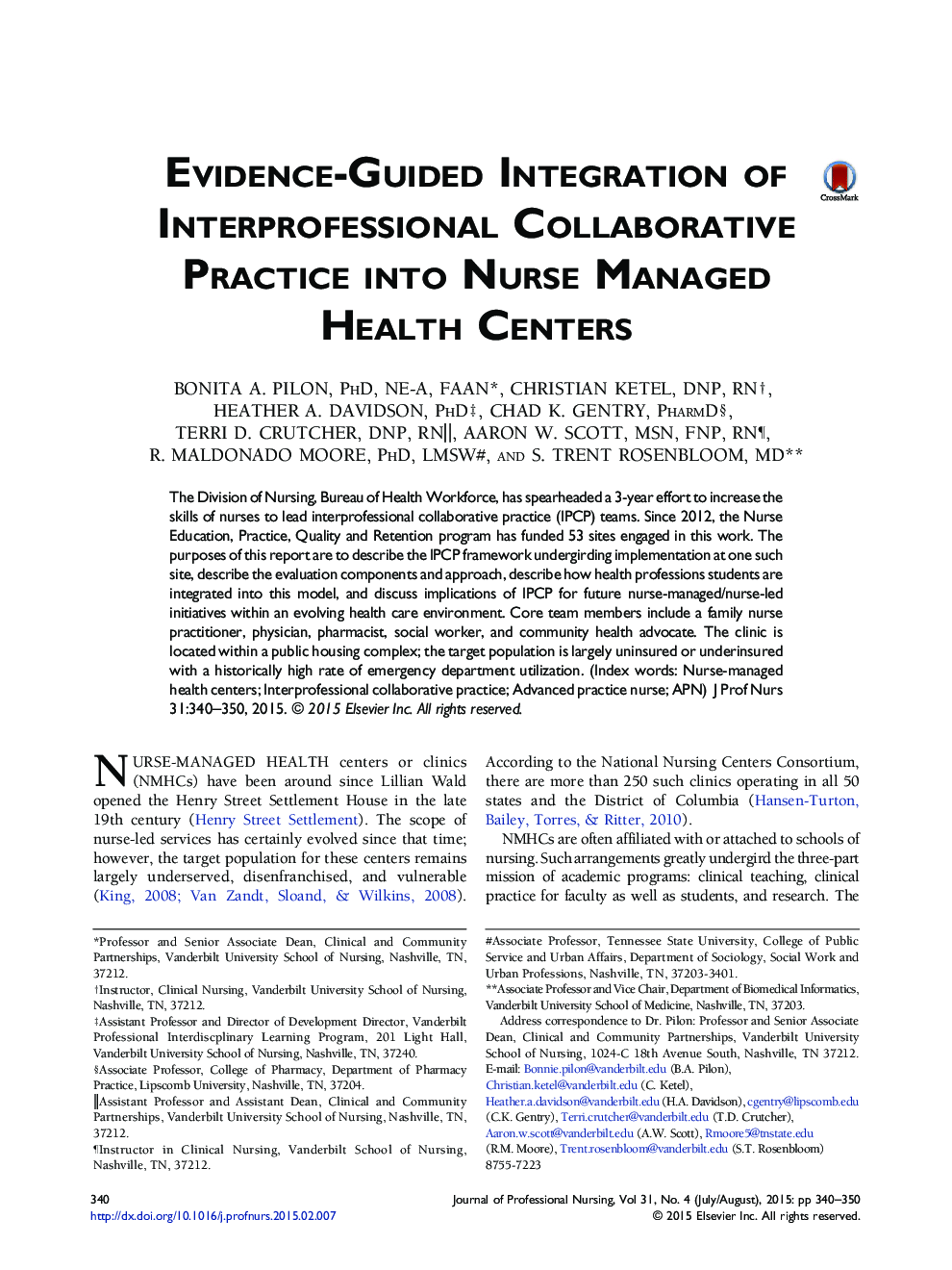 Evidence-Guided Integration of Interprofessional Collaborative Practice into Nurse Managed Health Centers