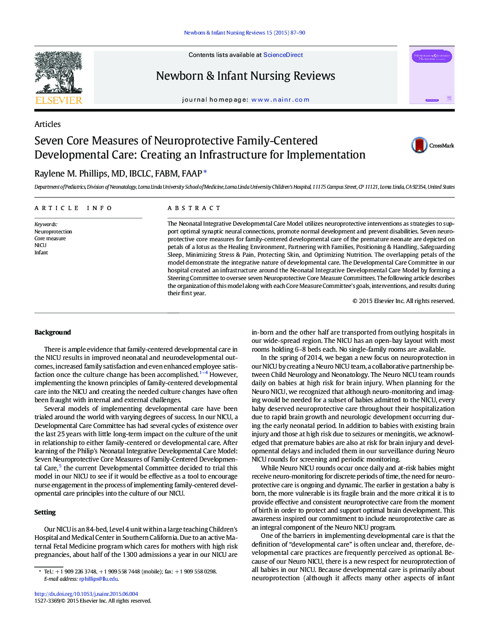 Seven Core Measures of Neuroprotective Family-Centered Developmental Care: Creating an Infrastructure for Implementation