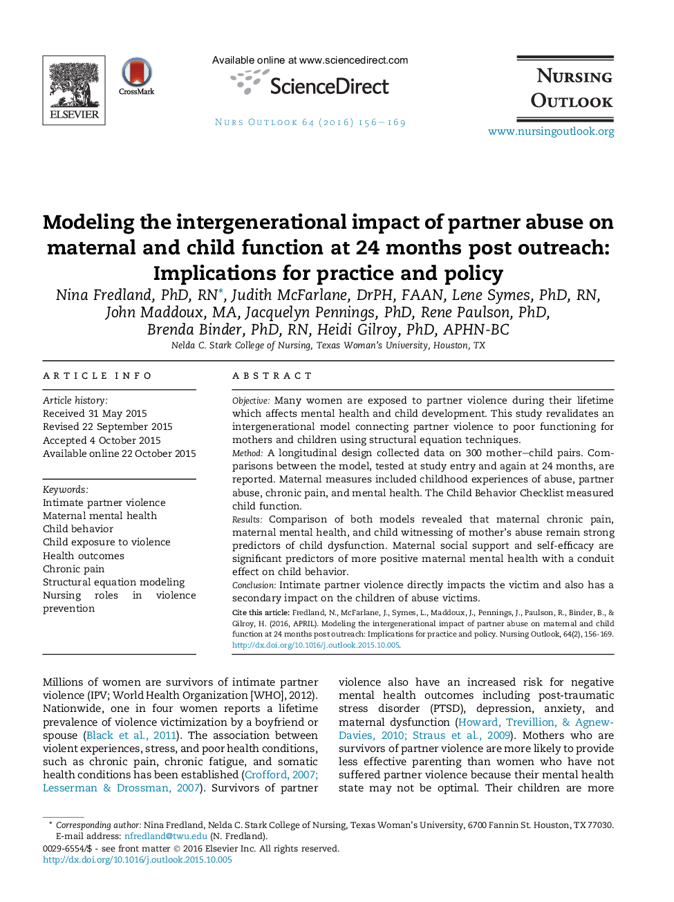 Modeling the intergenerational impact of partner abuse on maternal and child function at 24Â months post outreach: Implications for practice and policy