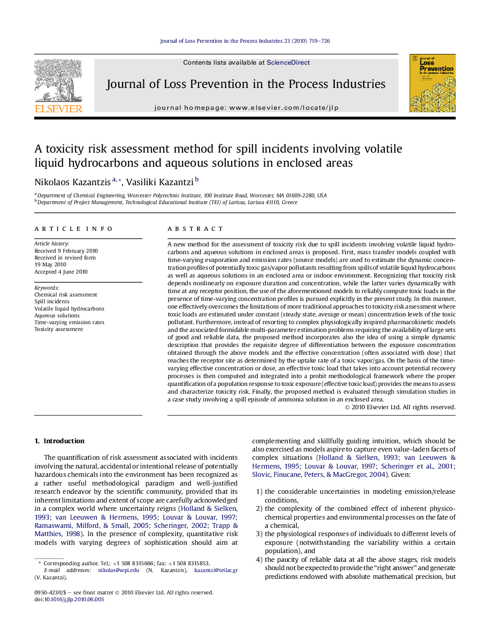 A toxicity risk assessment method for spill incidents involving volatile liquid hydrocarbons and aqueous solutions in enclosed areas