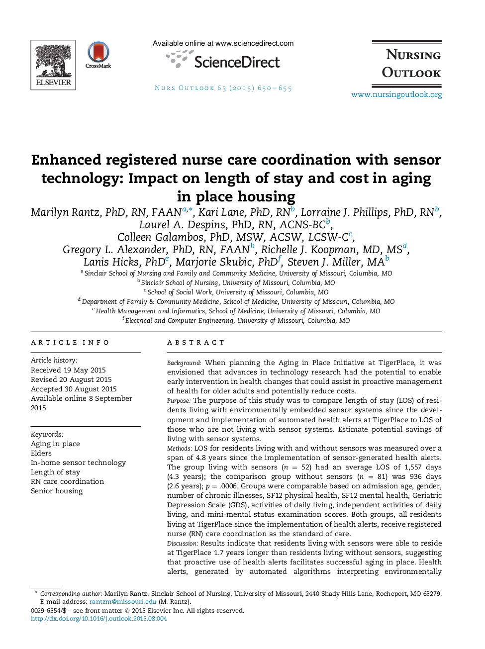 Enhanced registered nurse care coordination with sensor technology: Impact on length of stay and cost in aging inÂ placeÂ housing