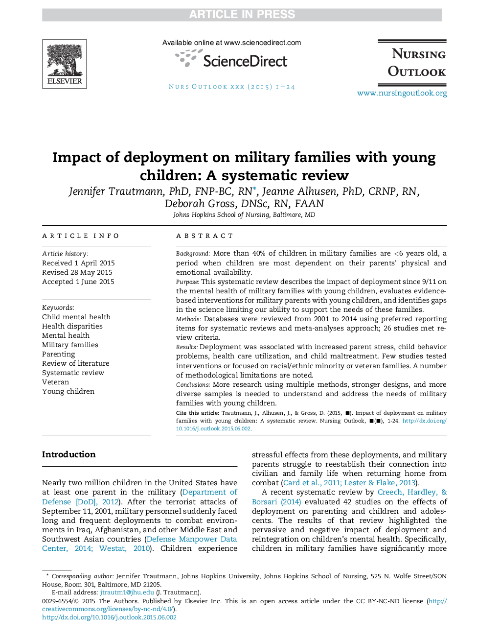 Impact of deployment on military families with young children: A systematic review