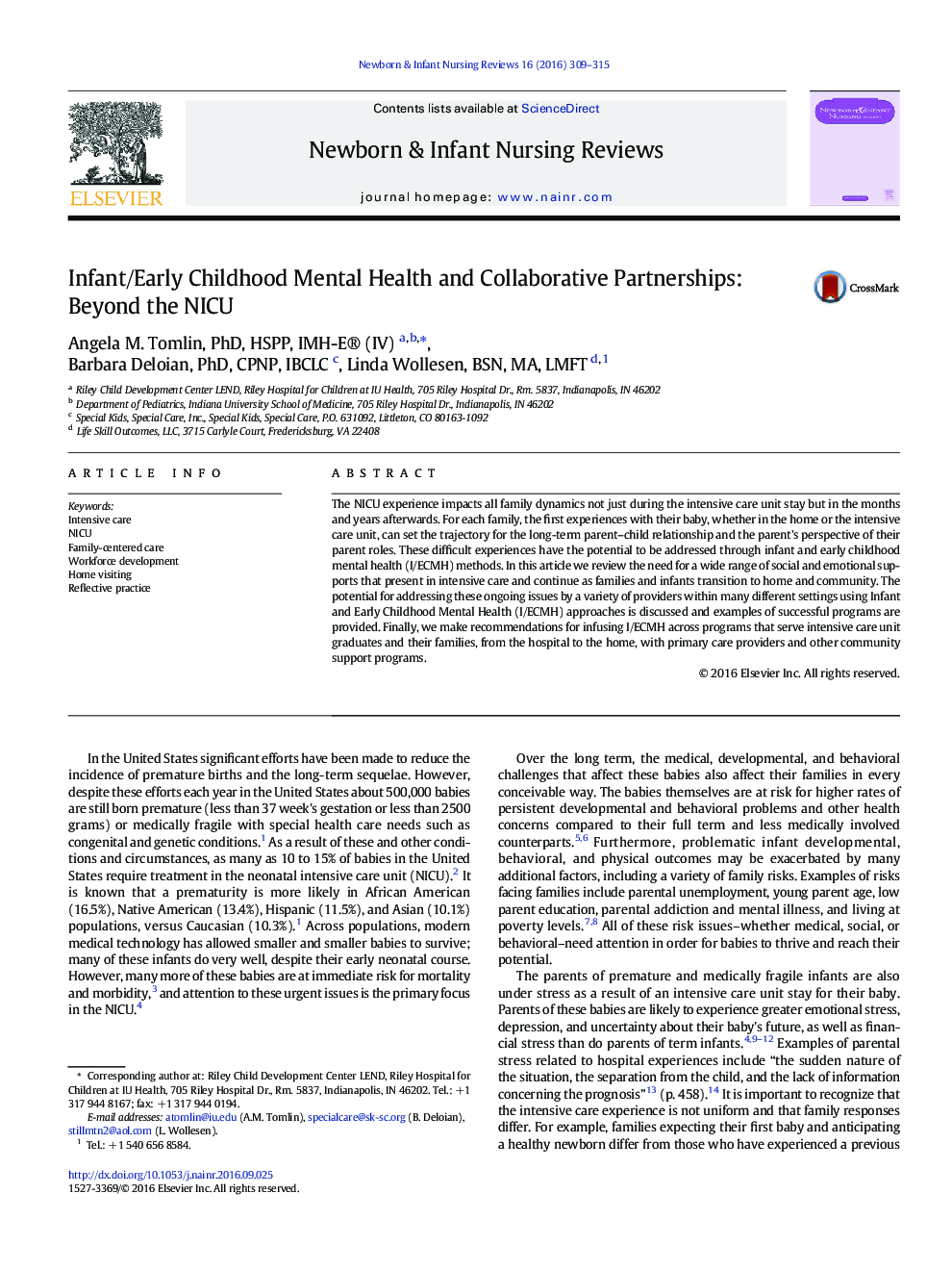 ArticleInfant/Early Childhood Mental Health and Collaborative Partnerships: Beyond the NICU