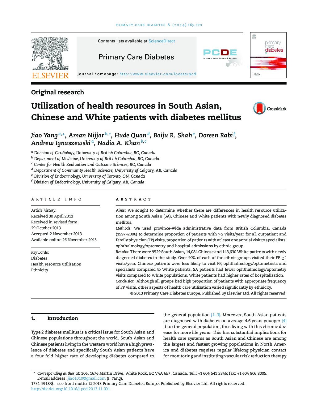 Original researchUtilization of health resources in South Asian, Chinese and White patients with diabetes mellitus