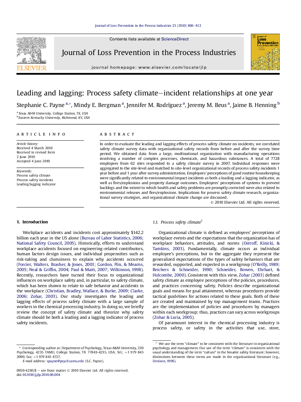 Leading and lagging: Process safety climate–incident relationships at one year