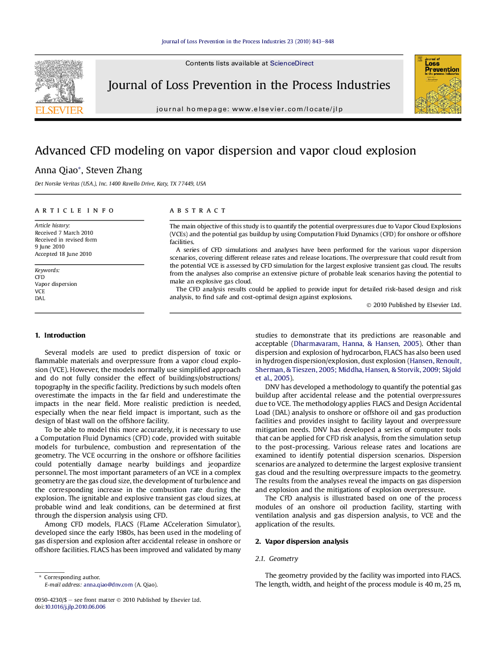 Advanced CFD modeling on vapor dispersion and vapor cloud explosion