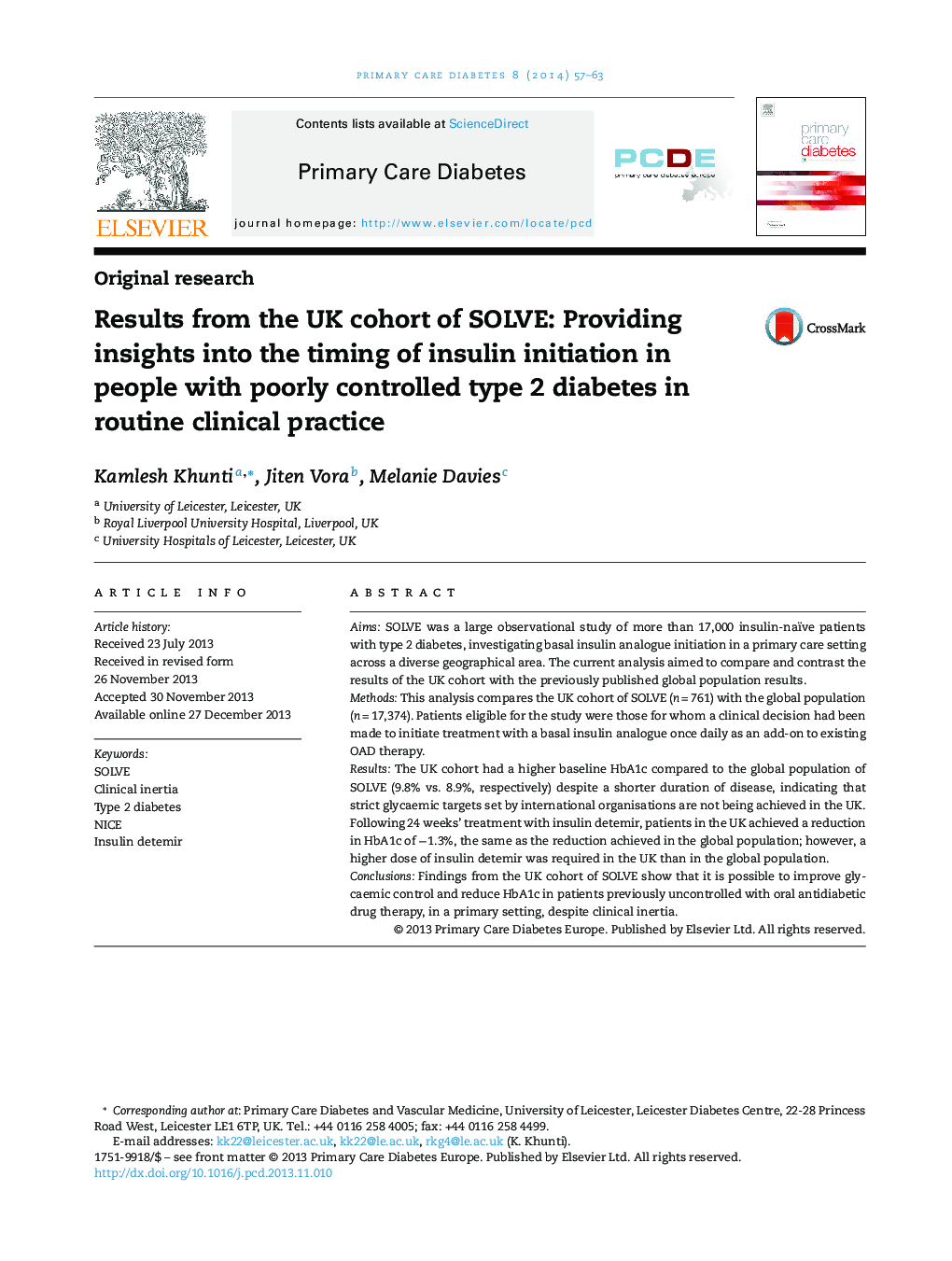 Results from the UK cohort of SOLVE: Providing insights into the timing of insulin initiation in people with poorly controlled type 2 diabetes in routine clinical practice