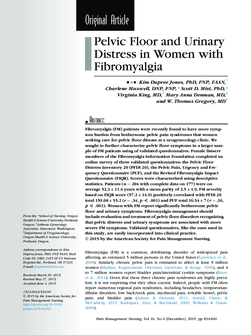 Pelvic Floor and Urinary Distress in Women with Fibromyalgia