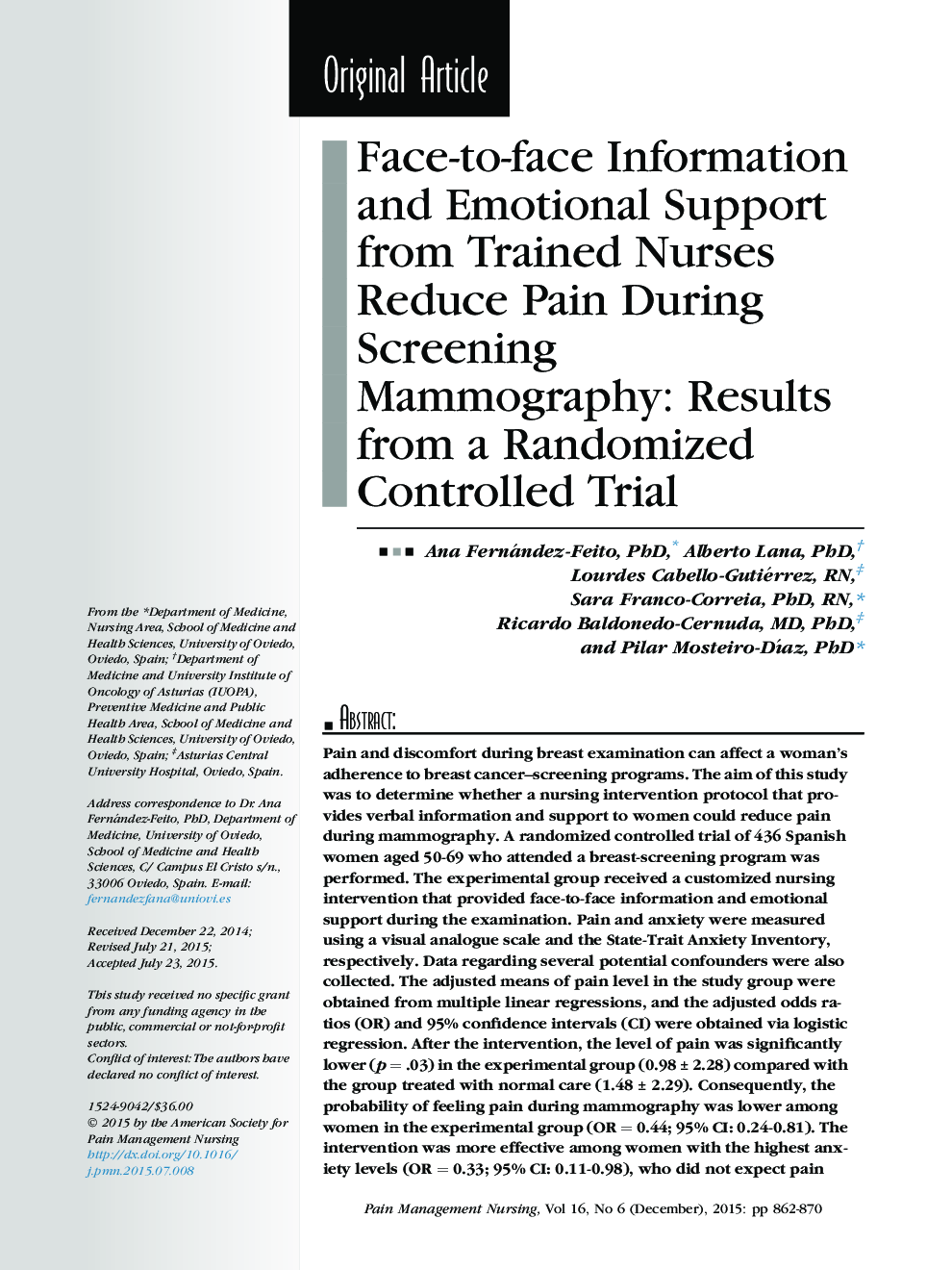 Face-to-face Information and Emotional Support from Trained Nurses Reduce Pain During Screening Mammography: Results from a Randomized Controlled Trial