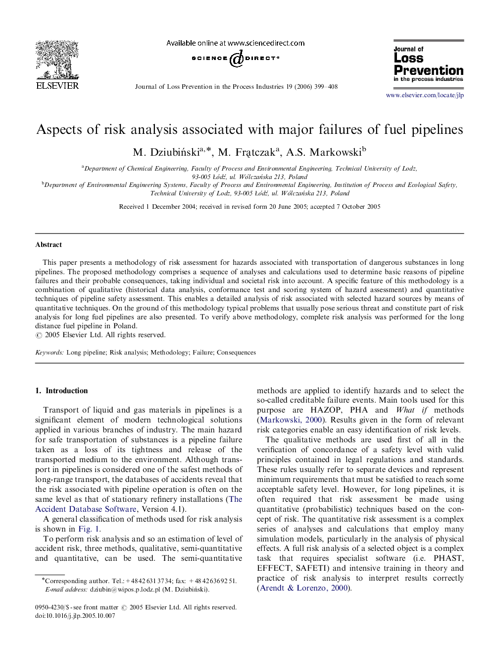 Aspects of risk analysis associated with major failures of fuel pipelines