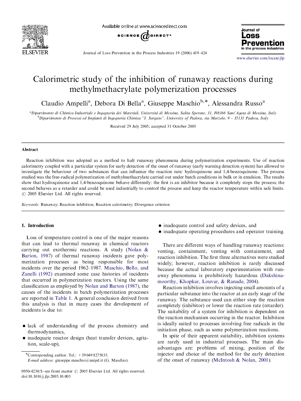 عکس صفحه اول مقاله: Calorimetric study of the inhibition of runaway reactions during methylmethacrylate polymerization processes Calorimetric study of the inhibition of runaway reactions during methylmethacrylate polymerization processes