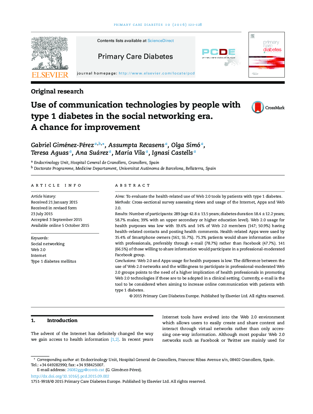Original researchUse of communication technologies by people with type 1 diabetes in the social networking era. A chance for improvement