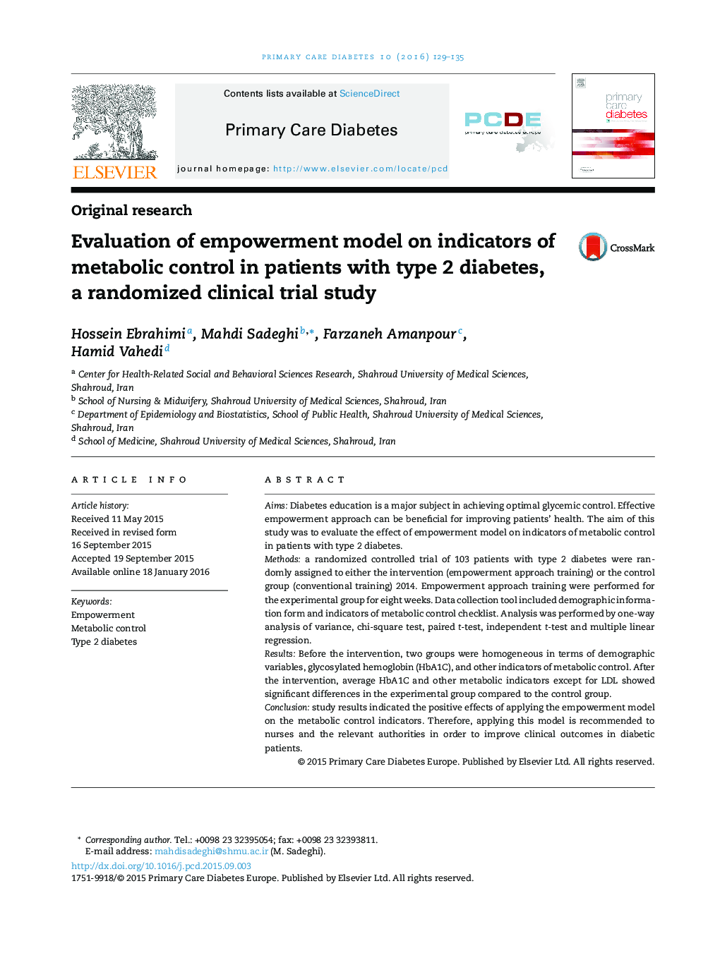 Evaluation of empowerment model on indicators of metabolic control in patients with type 2 diabetes, a randomized clinical trial study