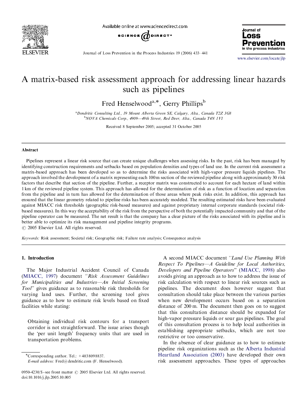 A matrix-based risk assessment approach for addressing linear hazards such as pipelines