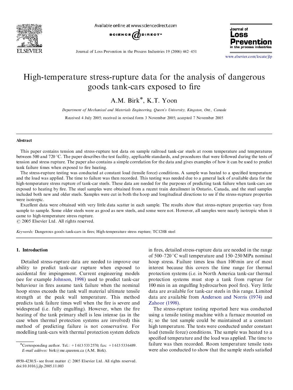 High-temperature stress-rupture data for the analysis of dangerous goods tank-cars exposed to fire