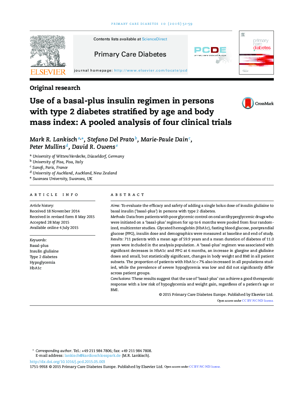 Original researchUse of a basal-plus insulin regimen in persons with type 2 diabetes stratified by age and body mass index: A pooled analysis of four clinical trials