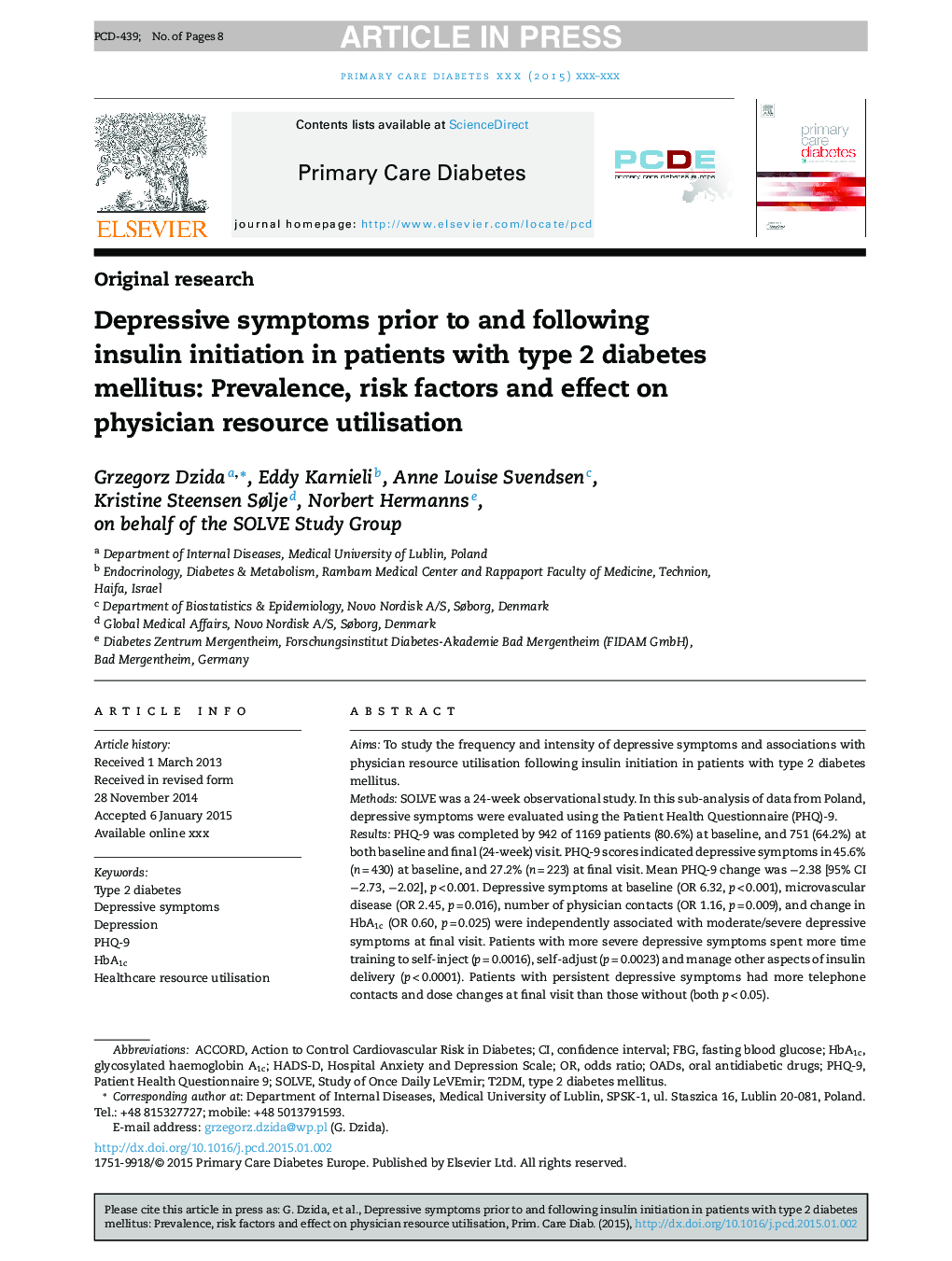 علائم افسردگی قبل و بعد از شروع انسولین در بیماران مبتلا به دیابت نوع 2: شیوع، عوامل خطر و تأثیر بر استفاده از منابع پزشک 