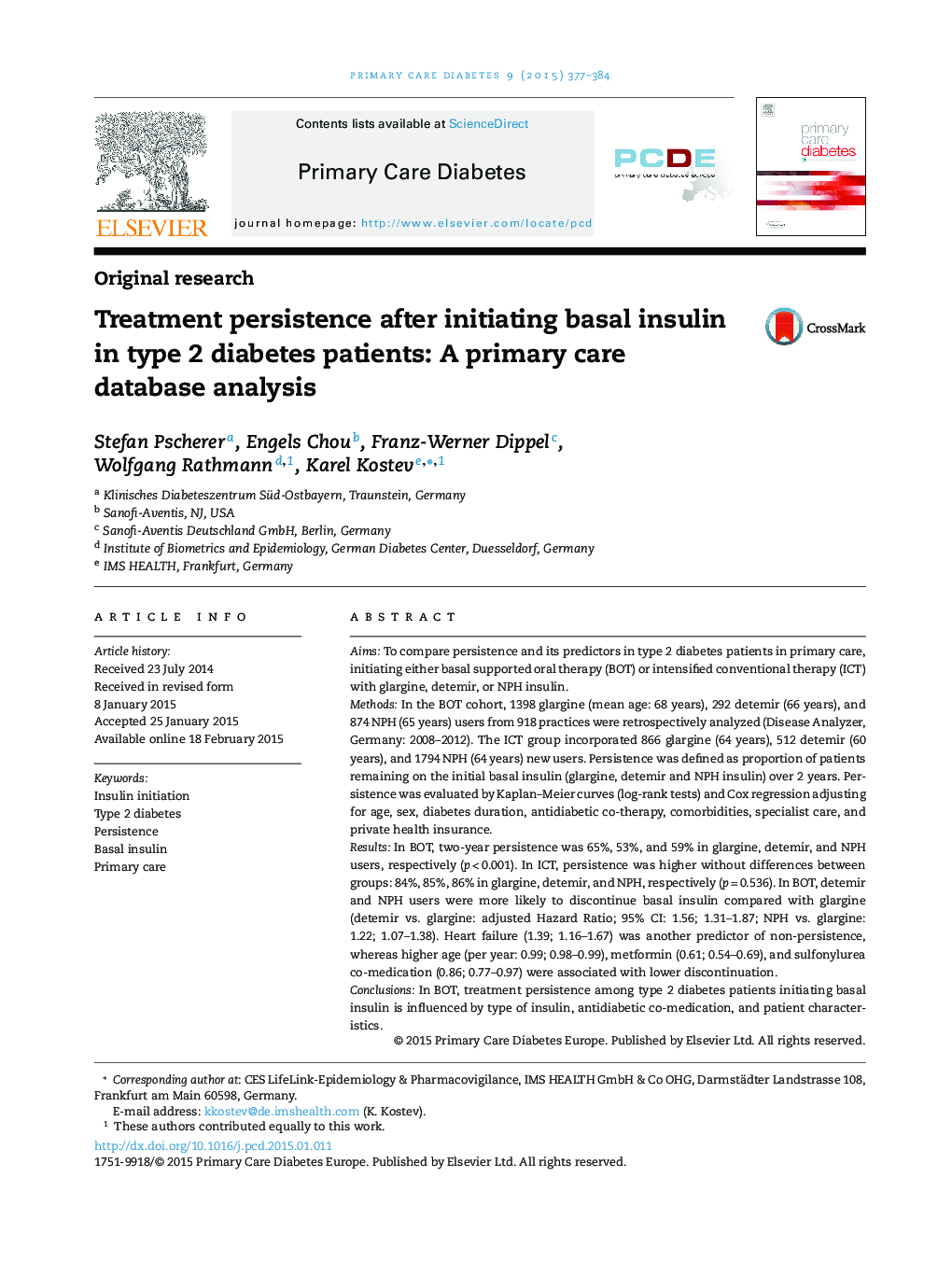 Original researchTreatment persistence after initiating basal insulin in type 2 diabetes patients: A primary care database analysis