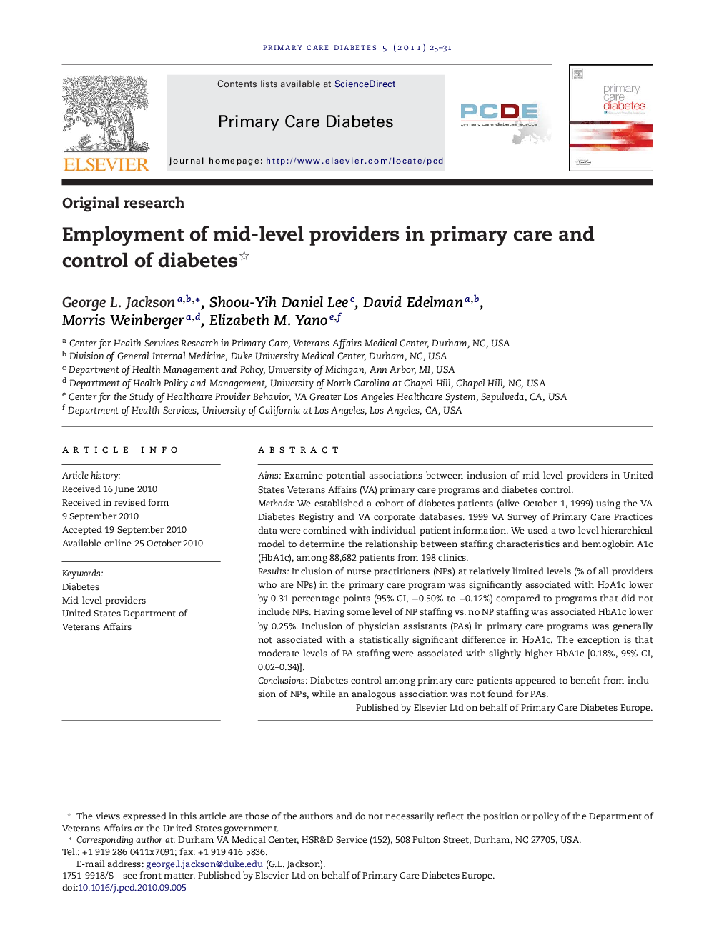 Employment of mid-level providers in primary care and control of diabetes