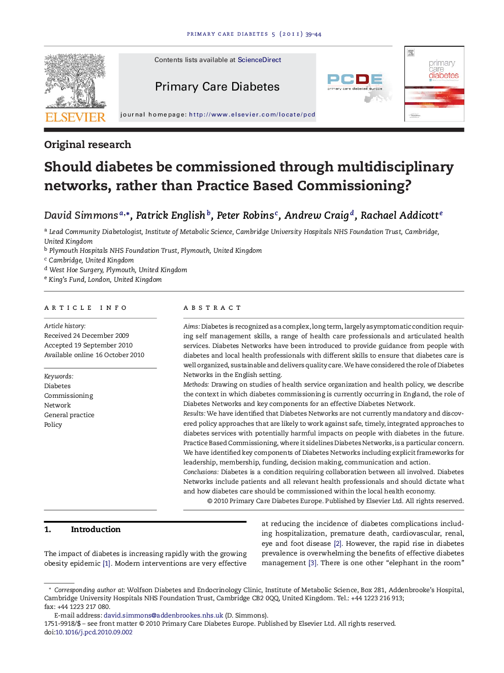 Original researchShould diabetes be commissioned through multidisciplinary networks, rather than Practice Based Commissioning?