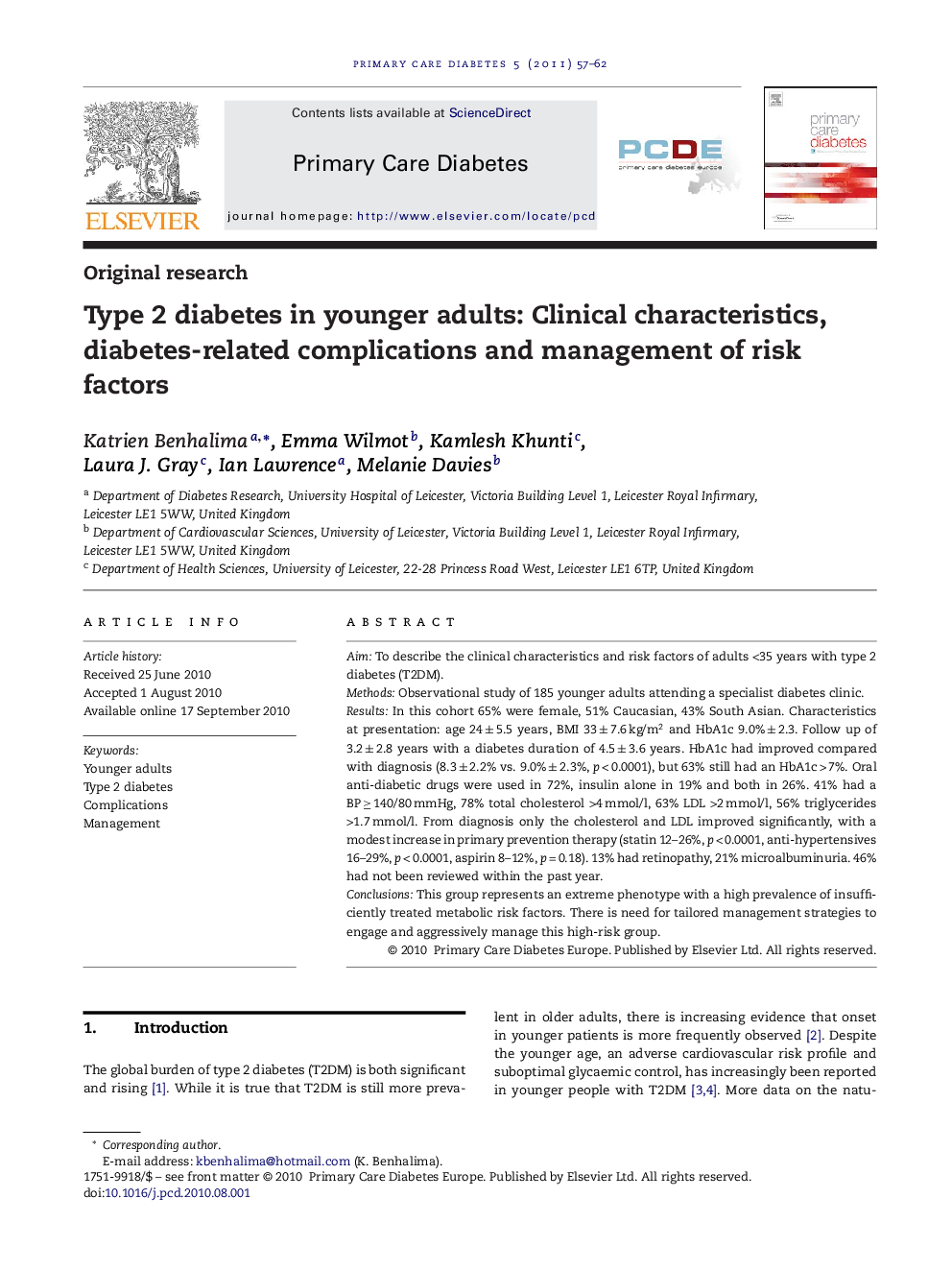 Type 2 diabetes in younger adults: Clinical characteristics, diabetes-related complications and management of risk factors