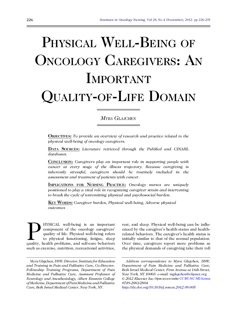 Physical Well-Being of Oncology Caregivers: An Important Quality-of-Life Domain