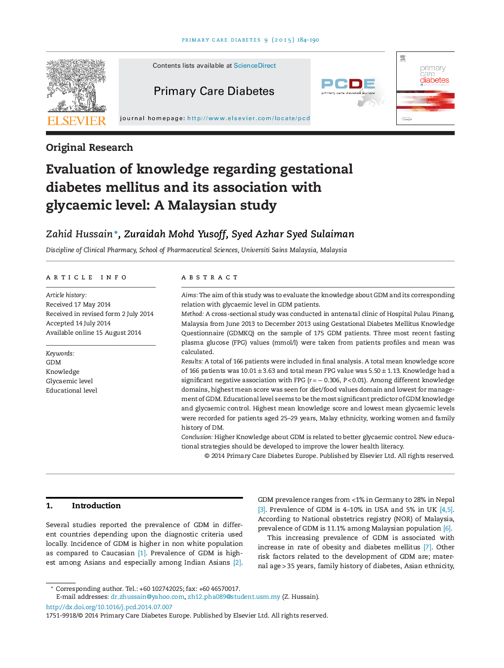 تحقیقات اصلی ارزیابی دانش در مورد دیابت بارداری و ارتباط آن با سطح گلیسمی: یک مطالعه مالزیایی 