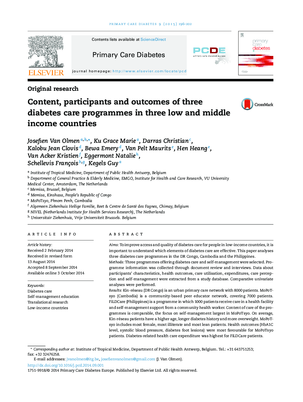 Content, participants and outcomes of three diabetes care programmes in three low and middle income countries