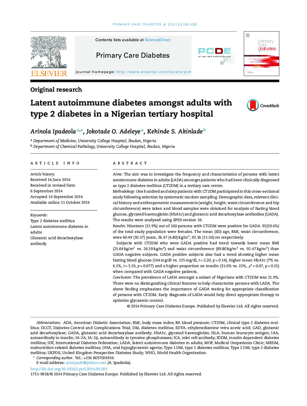 Latent autoimmune diabetes amongst adults with type 2 diabetes in a Nigerian tertiary hospital
