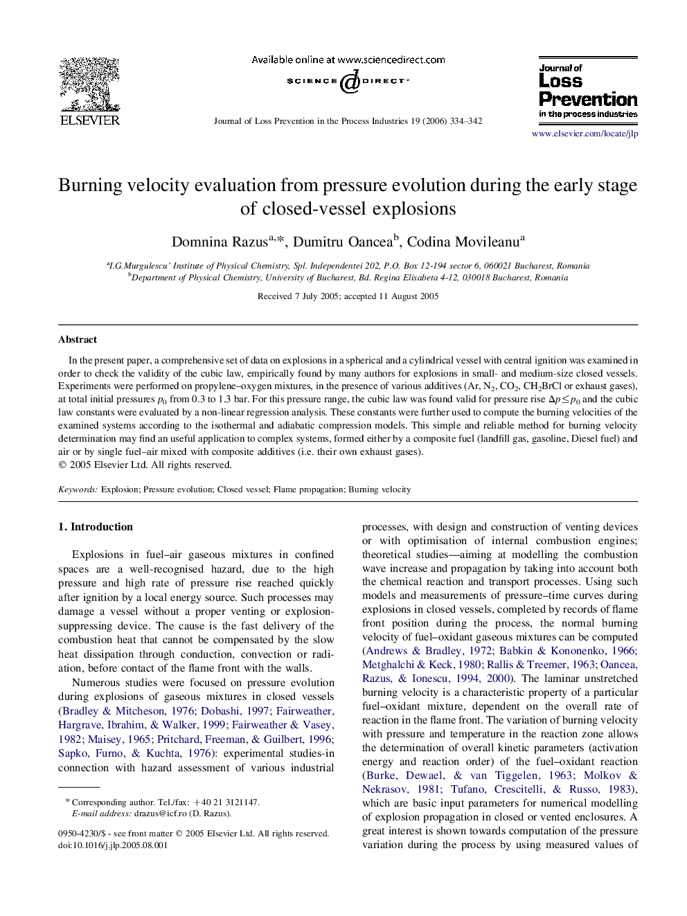 Burning velocity evaluation from pressure evolution during the early stage of closed-vessel explosions