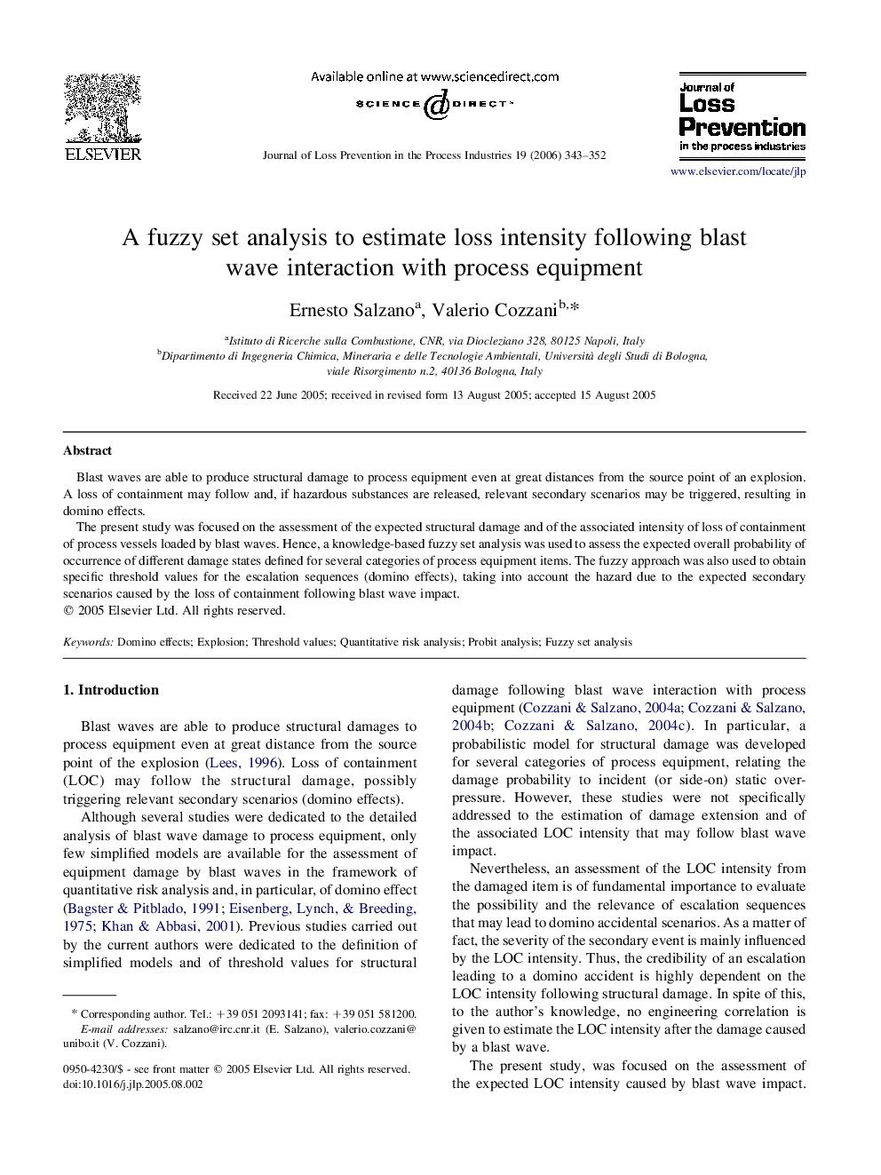 A fuzzy set analysis to estimate loss intensity following blast wave interaction with process equipment