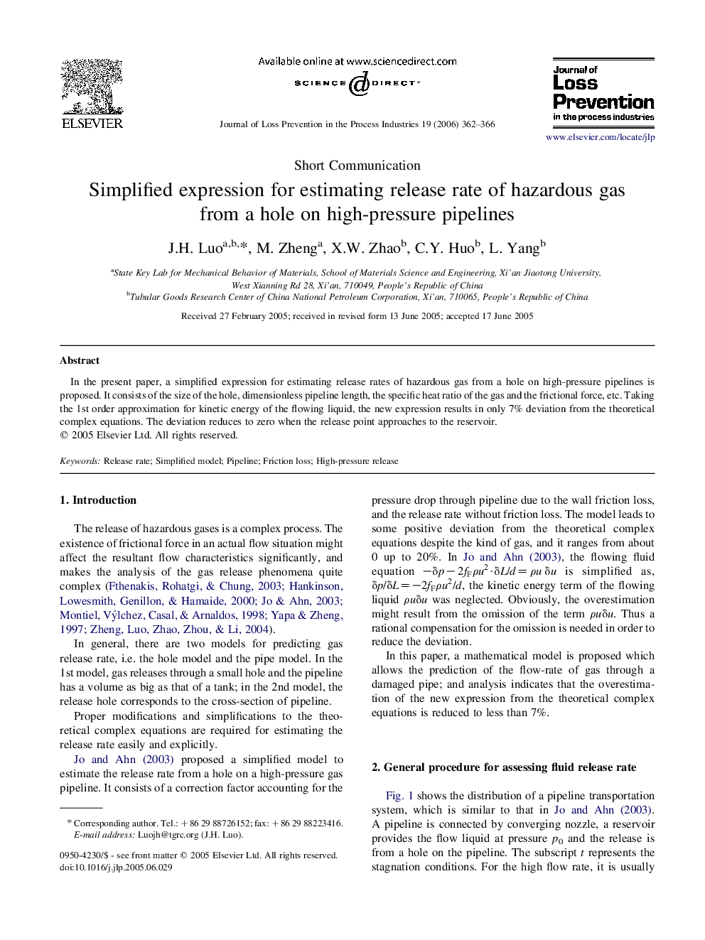 Simplified expression for estimating release rate of hazardous gas from a hole on high-pressure pipelines